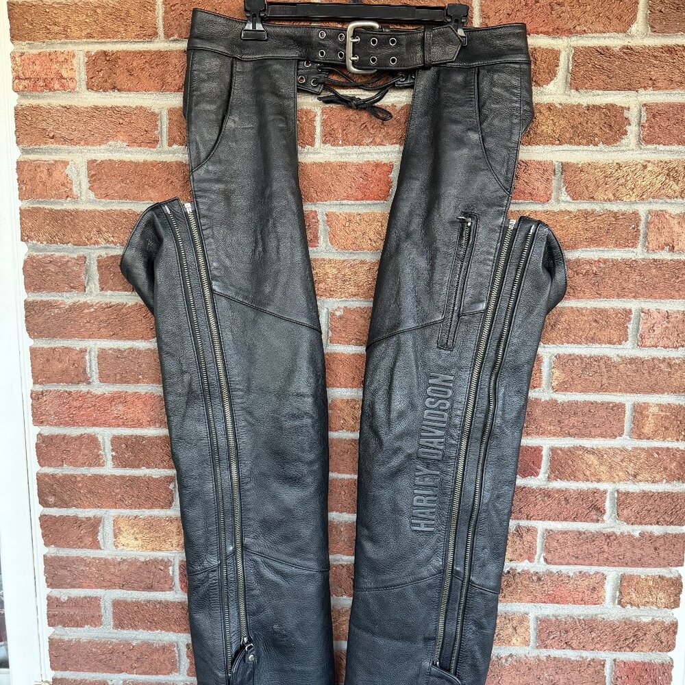 harley davidson delux leather chaps * mens * size medium * 31 inseam * embossed
